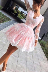 Long Sleevess Lace Pink Back to school V-neck Puffy Homecoming Dress-showprettydress