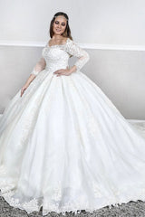 Long Sleevess Lace Square neck puffy Ball gown Court train White Wedding Dresses-showprettydress