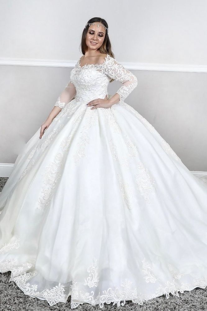 Long Sleevess Lace Square neck puffy Ball gown Court train White Wedding Dresses-showprettydress