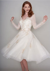 Long Sleevess V neck Ivory Short Lace Summer Wedding Dress-showprettydress