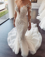 Long Sleevess V neck Lace Mermaid white Wedding Dresses Online-showprettydress
