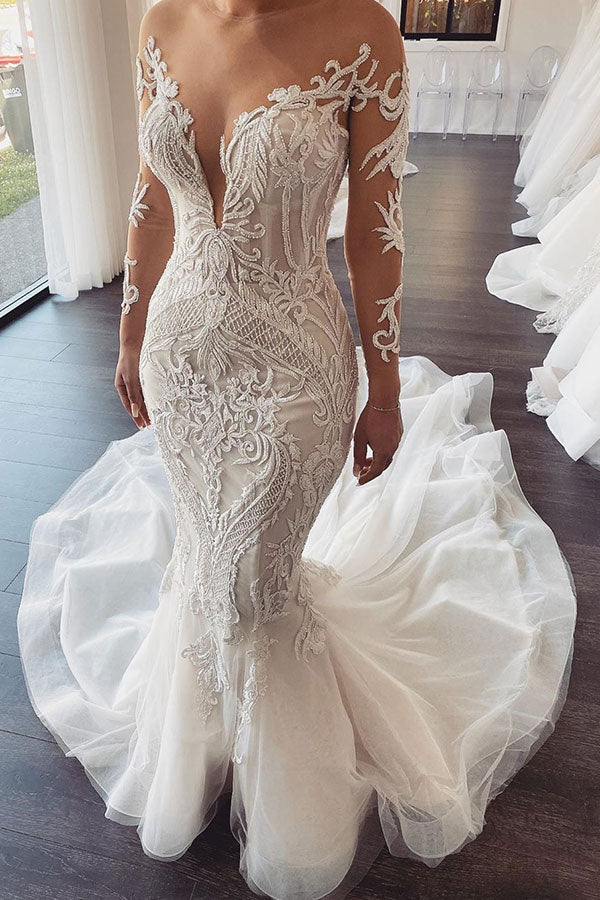 Long Sleevess V neck Lace Mermaid white Wedding Dresses Online-showprettydress