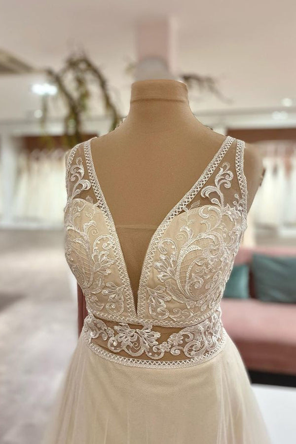 Long Sweetheart A-Line Tulle Appliques Lace Wedding Dress-showprettydress