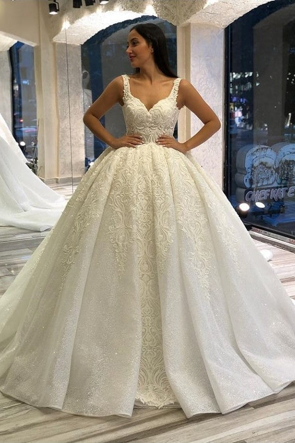 Long Sweetheart Backless Appliques Lace Sequins Ball Gown Wedding Dress-showprettydress