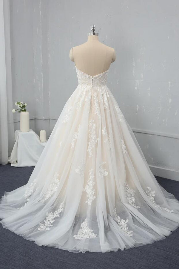 Long Sweetheart Backless Appliques Lace Tulle A-Line Wedding Dress-showprettydress