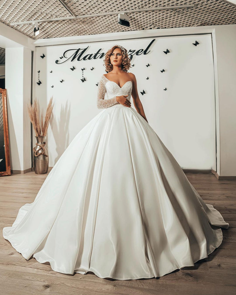 Long Sweetheart Satin Ruffles Ball Gown Wedding Dress with Sleeves-showprettydress