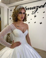Long Sweetheart Satin Ruffles Ball Gown Wedding Dress with Sleeves-showprettydress