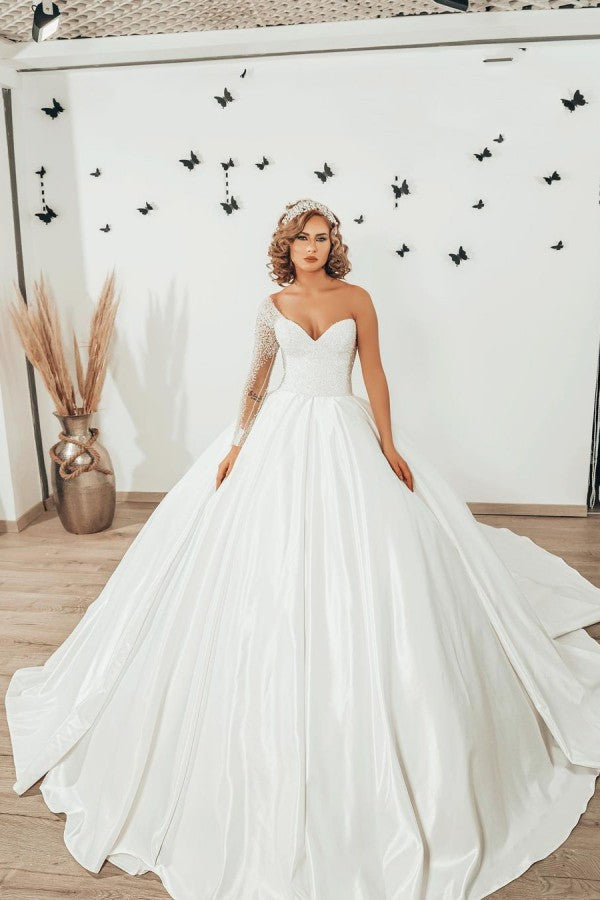 Long Sweetheart Satin Ruffles Ball Gown Wedding Dress with Sleeves-showprettydress