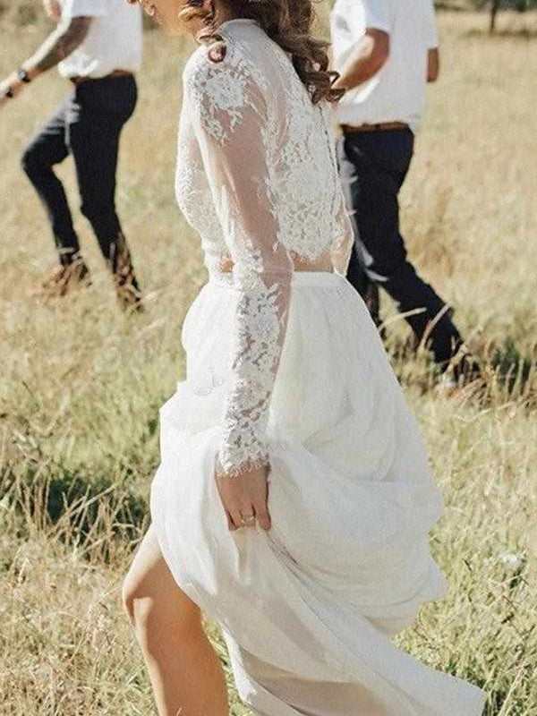 Long Two Piece A-Line Jewel Neck Lace Chiffon Wedding Dresses with Sleeves-showprettydress