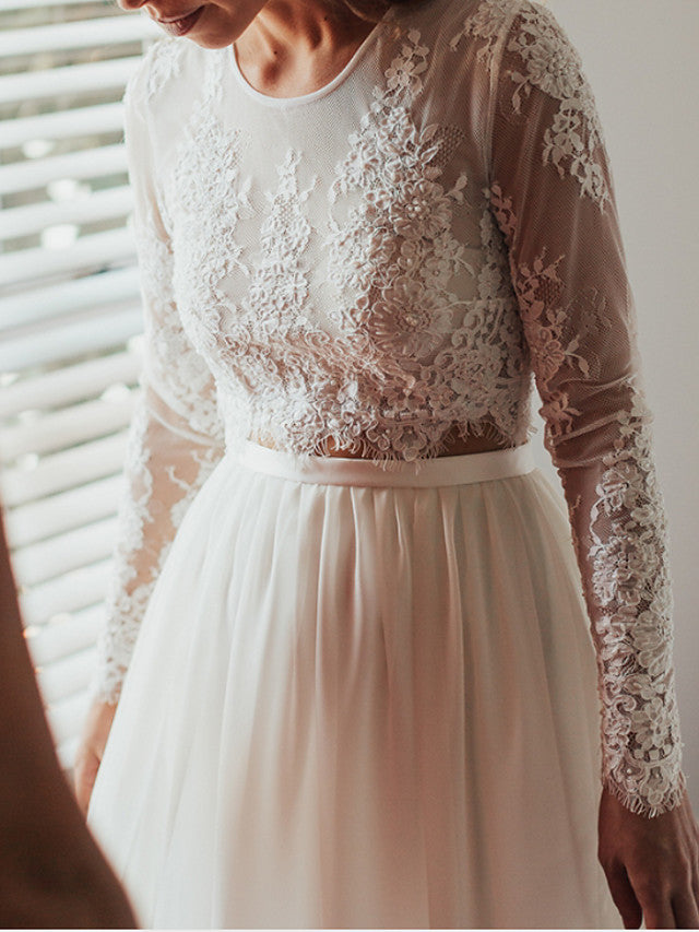 Long Two Piece A-Line Jewel Neck Lace Chiffon Wedding Dresses with Sleeves-showprettydress
