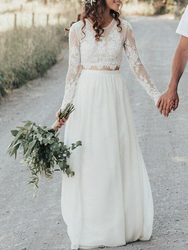 Long Two Piece A-Line Jewel Neck Lace Chiffon Wedding Dresses with Sleeves-showprettydress
