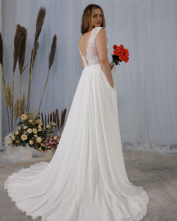 Long V-neck Backless Appliques Lace Chiffon Wedding Dress with Pockets-showprettydress