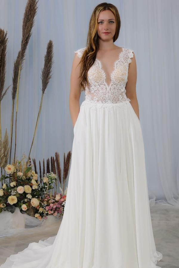 Long V-neck Backless Appliques Lace Chiffon Wedding Dress with Pockets-showprettydress