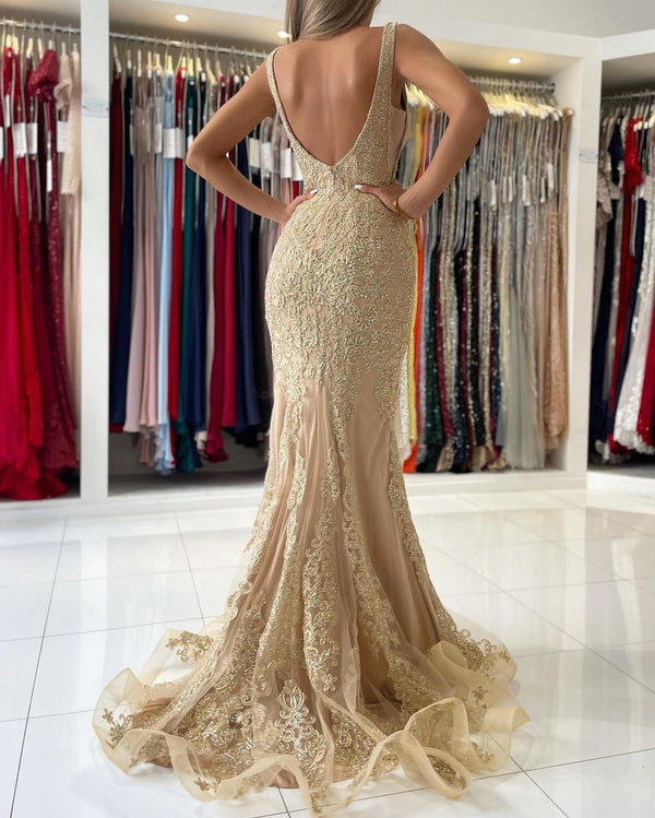 Long V-Neck Mermaid Backless Evening Dress With Gold Appliques-showprettydress