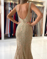 Long V-Neck Mermaid Backless Evening Dress With Gold Appliques-showprettydress