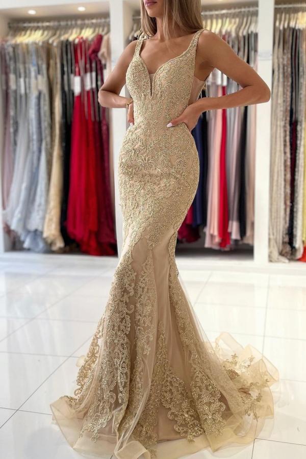 Long V-Neck Mermaid Backless Evening Dress With Gold Appliques-showprettydress