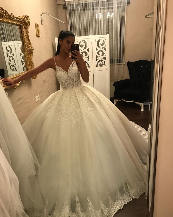 Long V-neck Spaghetti Straps Appliques Lace Tulle Ball Gown Wedding Dress-showprettydress