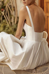 Long Wedding Dresses Square Neck Sleeveless Satin Fabric Court Train Sash Bridal Dress-showprettydress