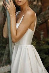 Long Wedding Dresses Square Neck Sleeveless Satin Fabric Court Train Sash Bridal Dress-showprettydress