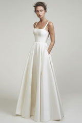 Long Wedding Dresses Square Neck Sleeveless Satin Fabric Court Train Sash Bridal Dress-showprettydress
