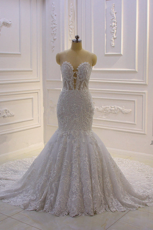 Luxurious 3D Lace Applique High Neck Tulle Mermaid Wedding Dress-showprettydress