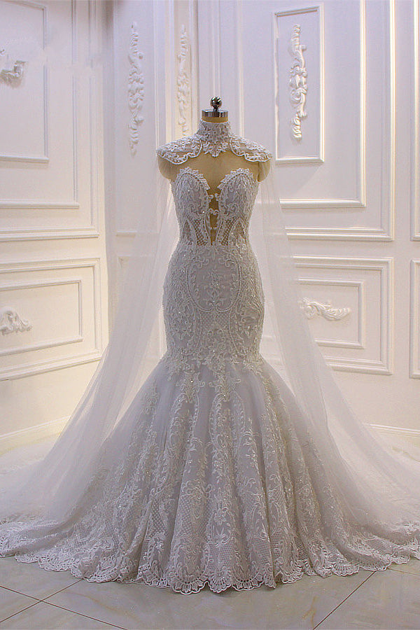 Luxurious 3D Lace Applique High Neck Tulle Mermaid Wedding Dress-showprettydress