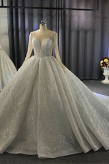 Luxurious Ball Gown Long Sleeves Crystal Beading Wedding Dress A line Classic-showprettydress