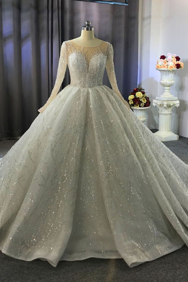 Luxurious Ball Gown Long Sleeves Crystal Beading Wedding Dress A line Classic-showprettydress