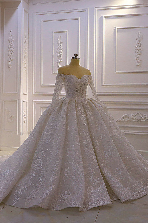 Luxurious Ball Gown Long Sleevess 3D Lace Sweetheart Long Wedding Dresses-showprettydress