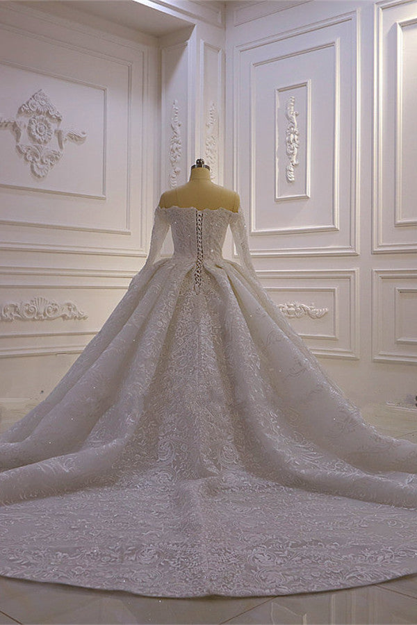 Luxurious Ball Gown Long Sleevess 3D Lace Sweetheart Long Wedding Dresses-showprettydress