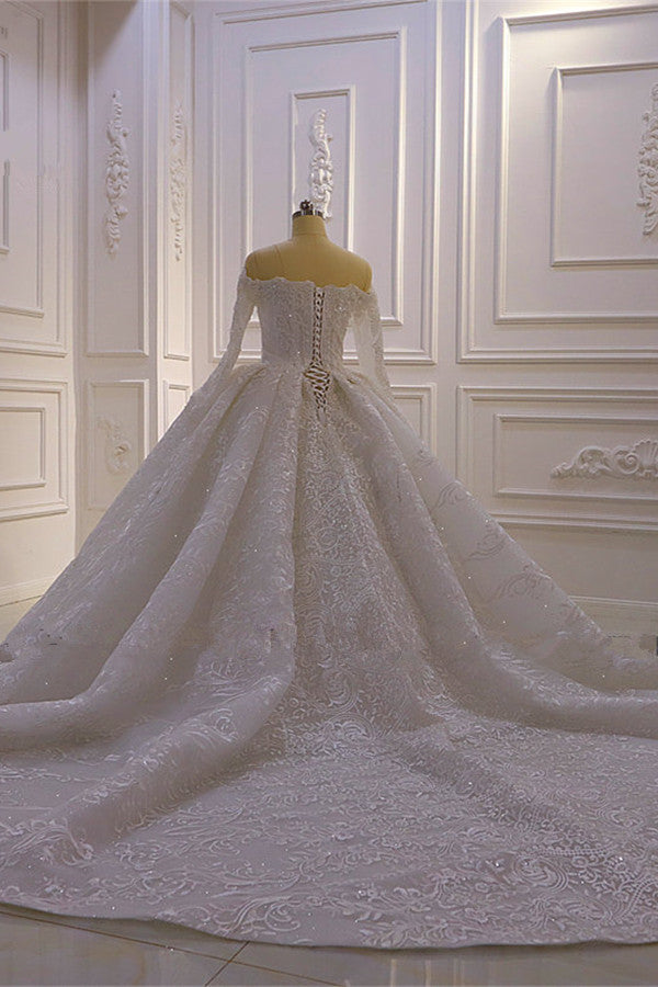 Luxurious Ball Gown Long Sleevess 3D Lace Sweetheart Long Wedding Dresses-showprettydress