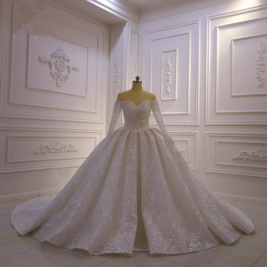 Luxurious Ball Gown Long Sleevess 3D Lace Sweetheart Long Wedding Dresses-showprettydress