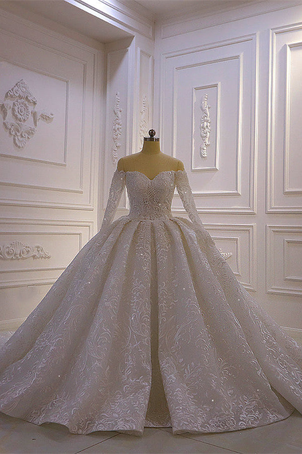 Luxurious Ball Gown Long Sleevess 3D Lace Sweetheart Long Wedding Dresses-showprettydress