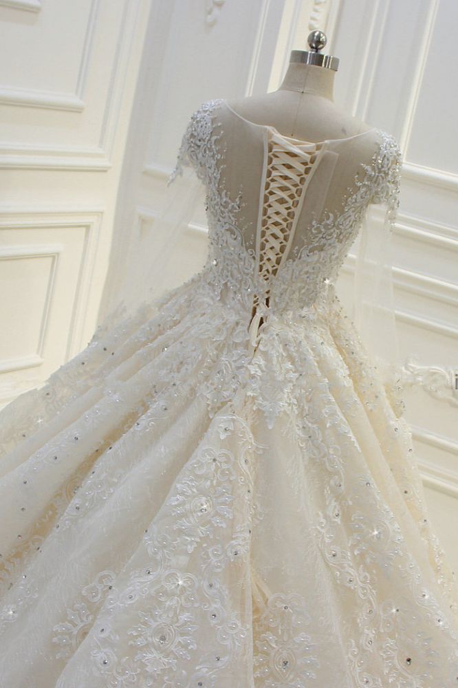 Luxurious Ball Gown Long Sleevess Lace Applqiues Beadings Wedding Dress-showprettydress