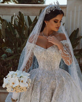 Luxurious Ball Gown Sequins Bridal Dress Long Sleeves Satin Maxi Dress-showprettydress