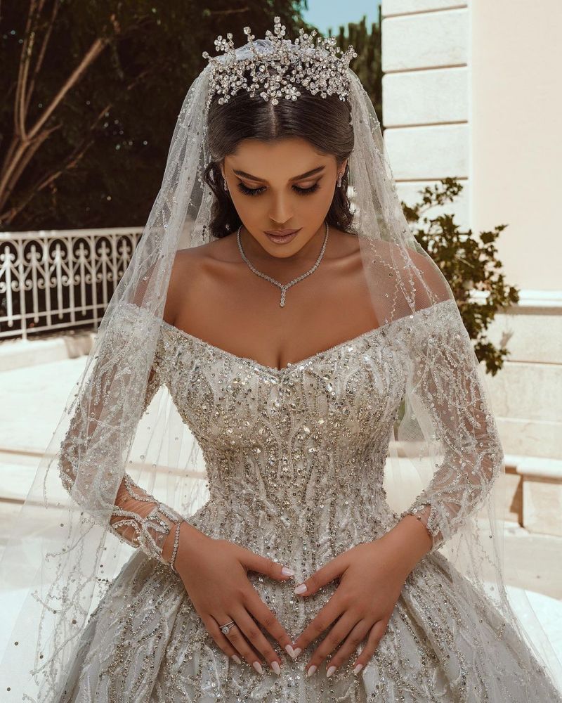 Luxurious Ball Gown Sequins Bridal Dress Long Sleeves Satin Maxi Dress-showprettydress