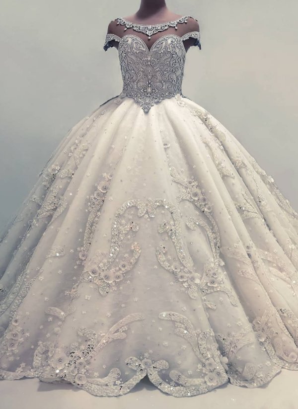 Luxurious Ball Gown Wedding Dresses Shiny Crystals Bridal Gowns with Flowers-showprettydress