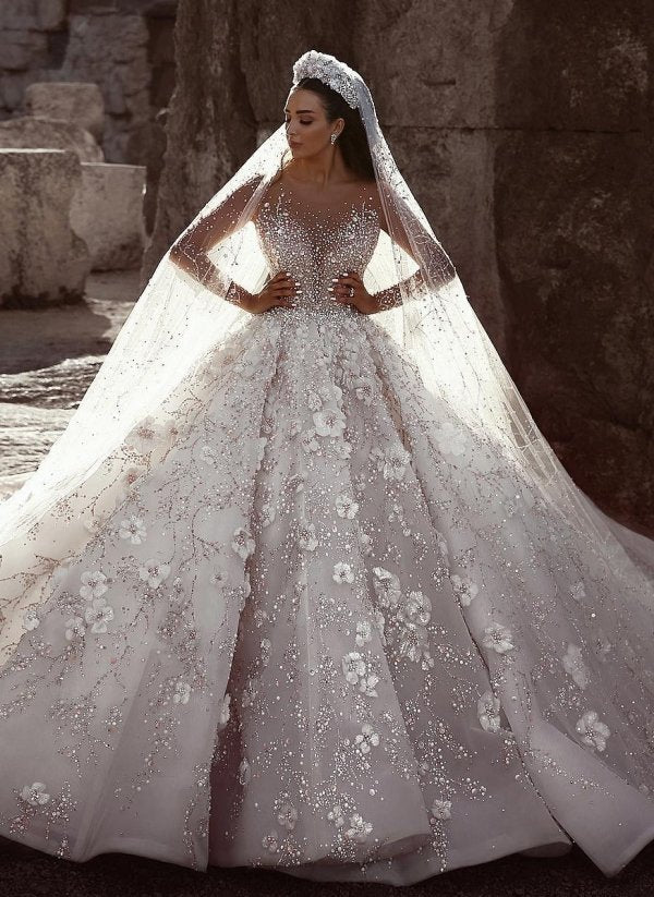 Stunning Long Sleeve Jewel Crystal Beaded Ball Gown Wedding Dresses | Ball  gowns wedding, Disney wedding dresses, Ball gown wedding dress