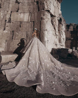 Luxurious Beading Floral Bridal Gowns Sheer Neck Long Sleevess Ball Gown Wedding Dresses-showprettydress
