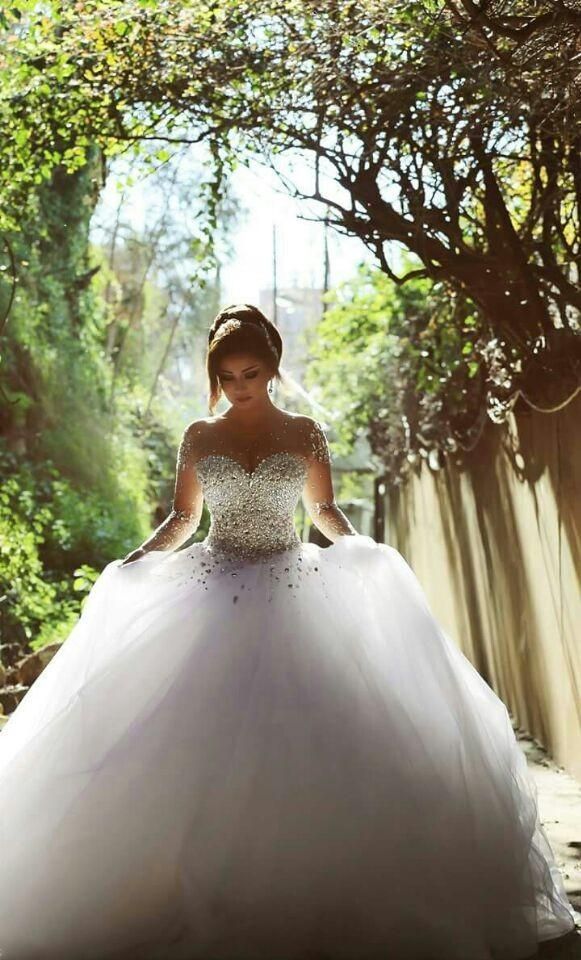 Luxurious Crystals Beading Long Sleevess Ball Gown Wedding Dresses-showprettydress