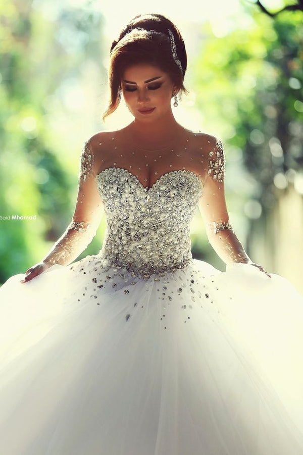 Luxurious Crystals Beading Long Sleevess Ball Gown Wedding Dresses-showprettydress