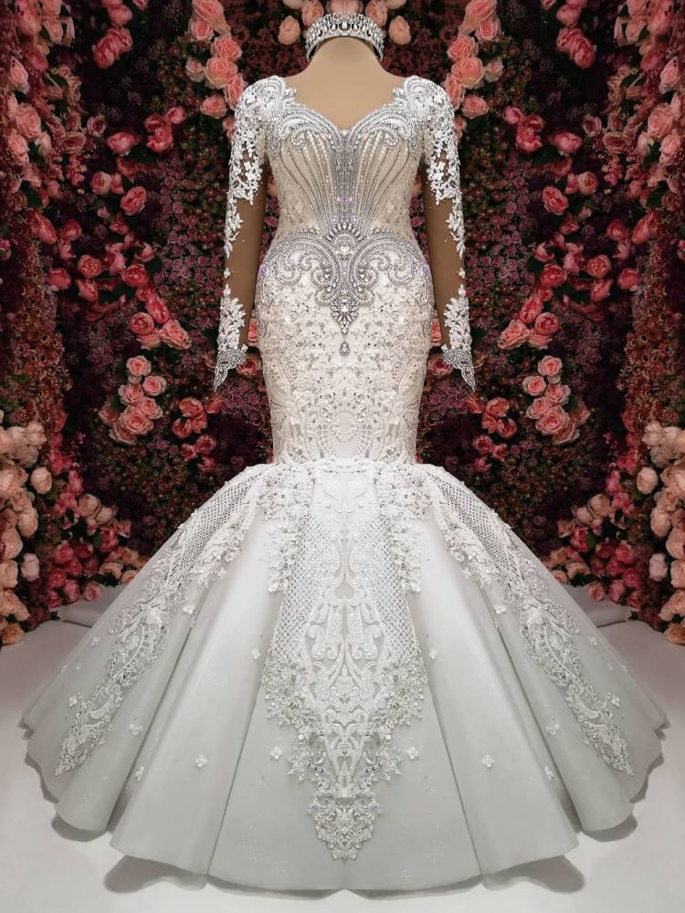 Luxurious Crystals Mermaid Bridal Gowns Long Sleevess Chapel Train Wedding Dresses-showprettydress