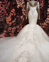 Luxurious Crystals Mermaid Bridal Gowns Long Sleevess Chapel Train Wedding Dresses-showprettydress