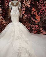 Luxurious Crystals Mermaid Bridal Gowns Long Sleevess Chapel Train Wedding Dresses-showprettydress