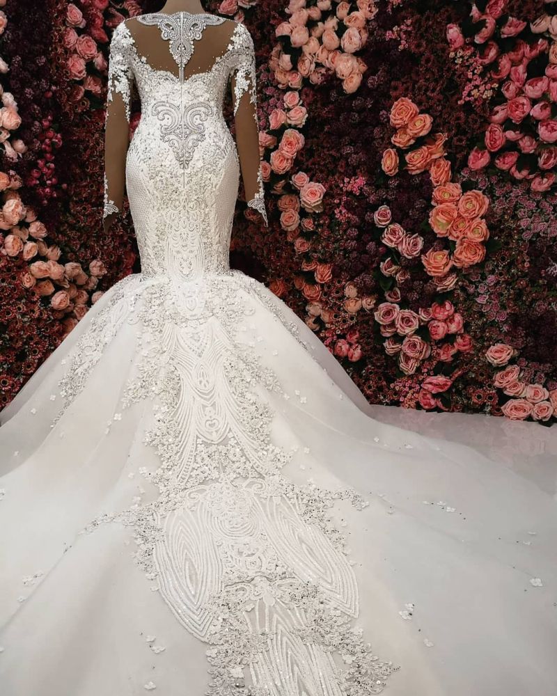 Luxurious Crystals Mermaid Bridal Gowns Long Sleevess Chapel Train Wedding Dresses-showprettydress