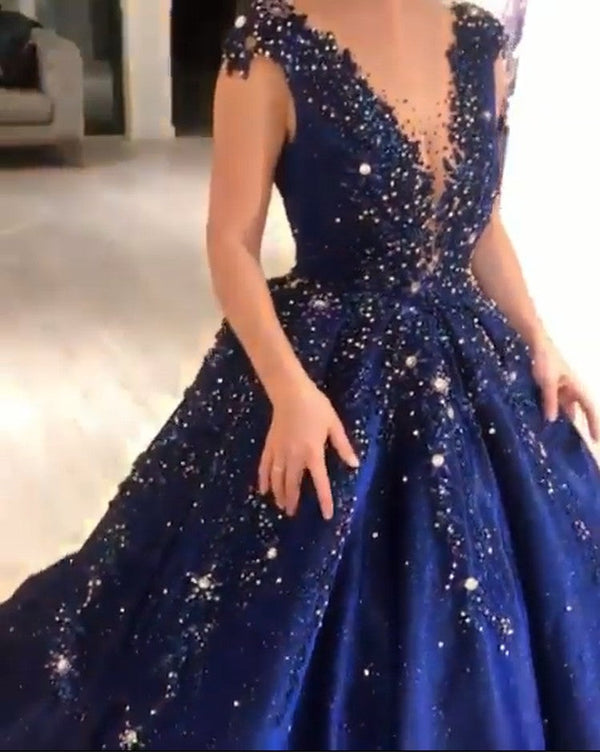 Luxurious Dark Navy Deep V-neck Cap sleeves Ball Gown Sparkle Beaded Prom Dresses-showprettydress