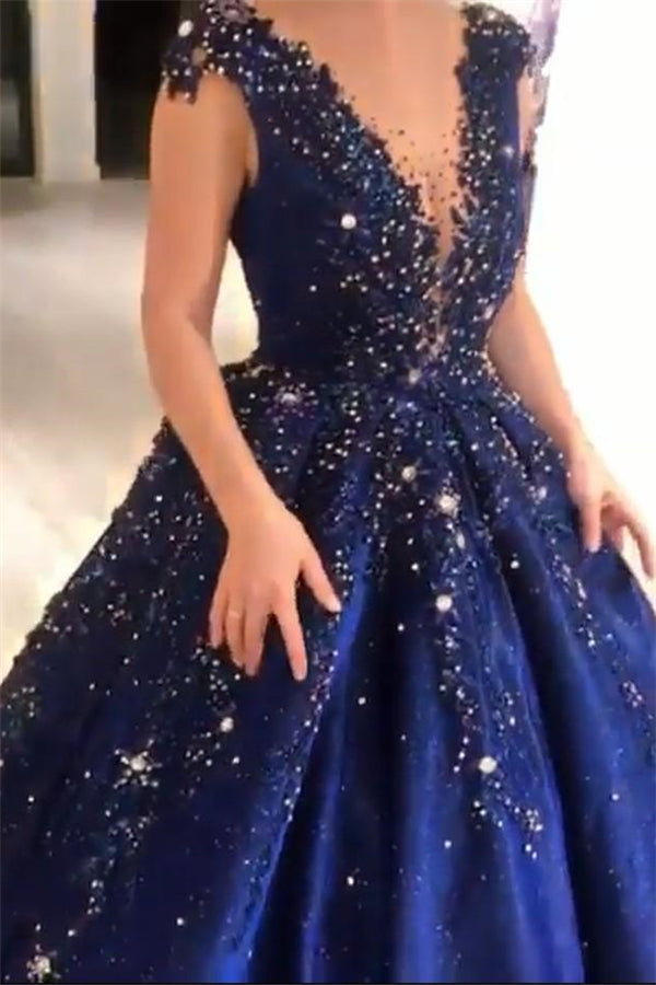 Luxurious Dark Navy Deep V-neck Cap sleeves Ball Gown Sparkle Beaded Prom Dresses-showprettydress