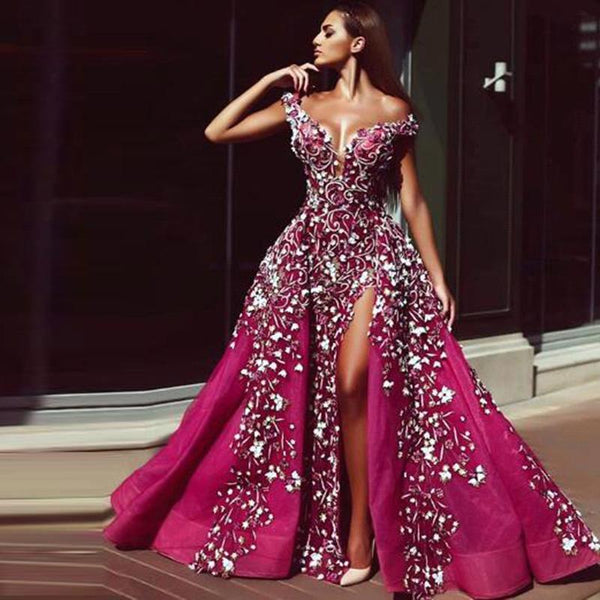 Luxurious Fuchsha Sparkle Sequin Off-the-shoulder Overskirt Evening Dress-showprettydress