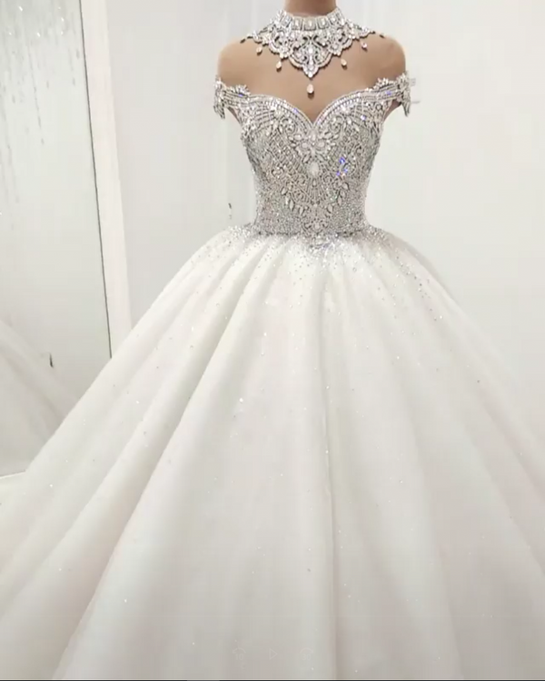 Luxurious High Neck Crystal Beading Ball Gown Wedding Dresses-showprettydress