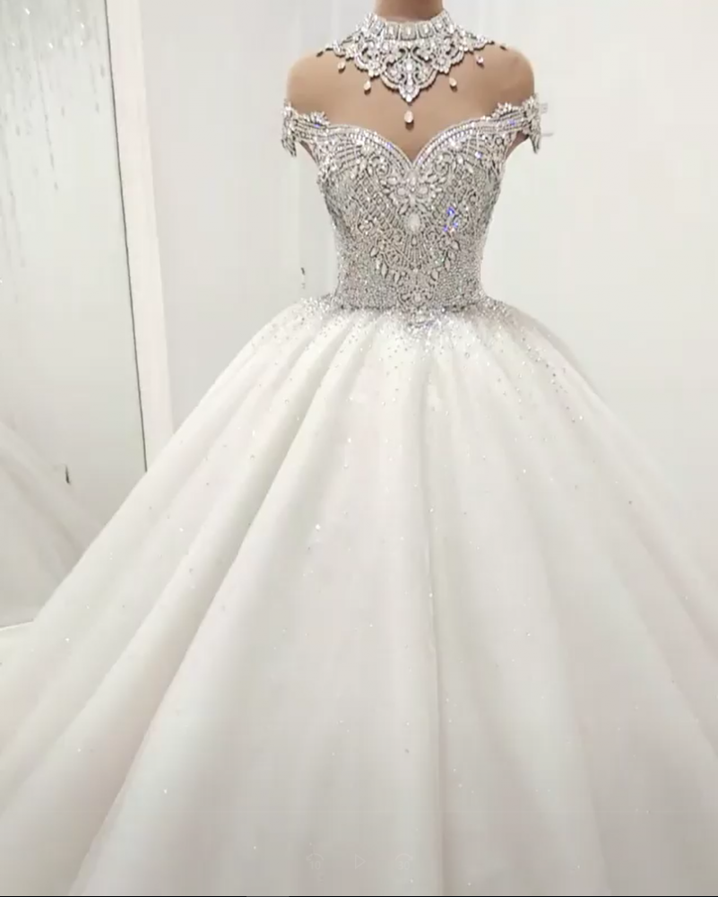 Luxurious High Neck Crystal Beading Ball Gown Wedding Dresses-showprettydress